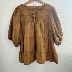 Old Navy Blouse Womens 2X Brown Ochre Fall Day Top Eyelet Lace‎ Peasant Boho